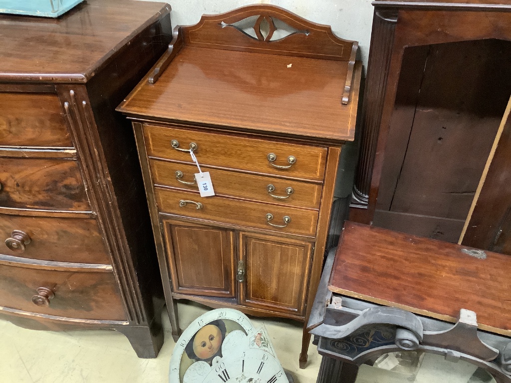 An Edwardian satinwood banded mahogany music cabinet, width 53cm, depth 38cm, height 115cm